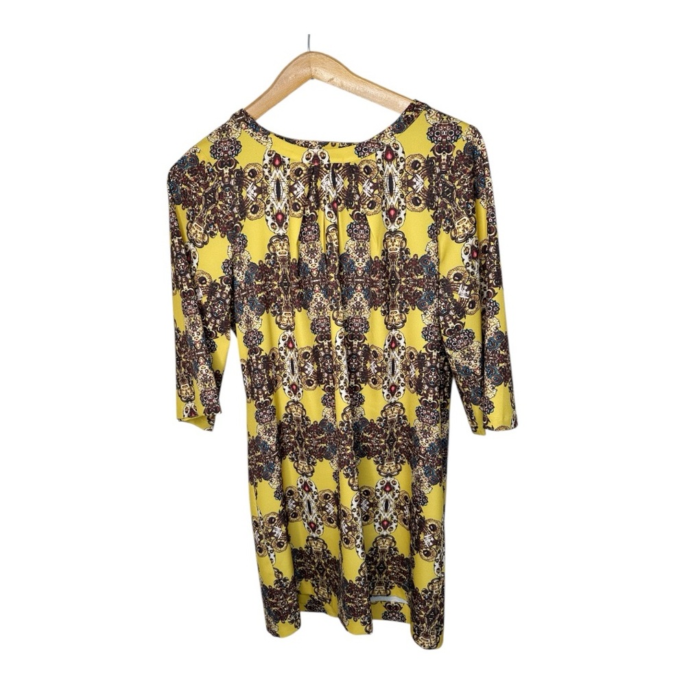 Uncle Frank Dress Size Large Back Cut Out Flare Sleeves Jewel Print Yellow